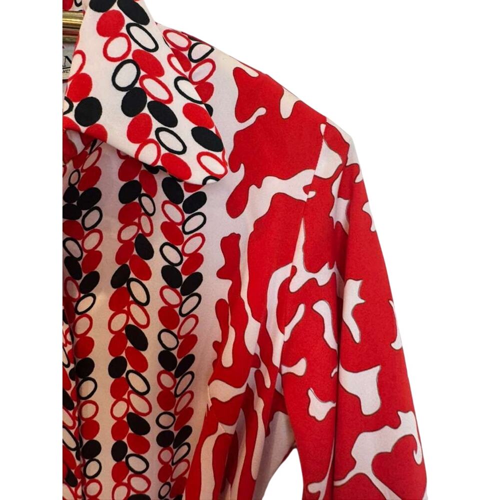 Vintage 60s Lanvin Paris New York Shirt Dress 16 Red Geometric Tie Waist MOD - Picture 9 of 16